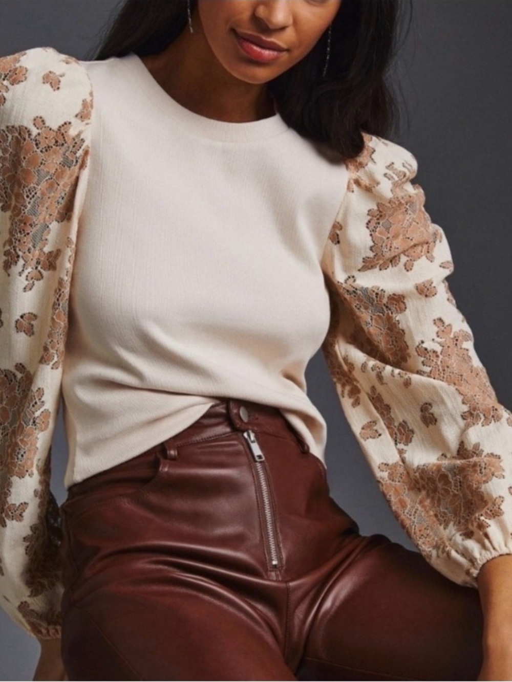 Dolan Left Coast Collection Puff-Sleeve Lace Detail Knit Top